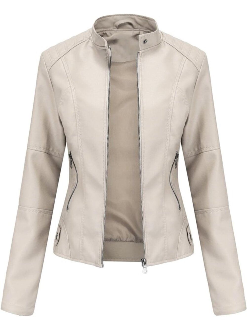 Women’s Cream Oversized Faux Leather Moto Biker Jacket Plus Size Motorcycle Coat